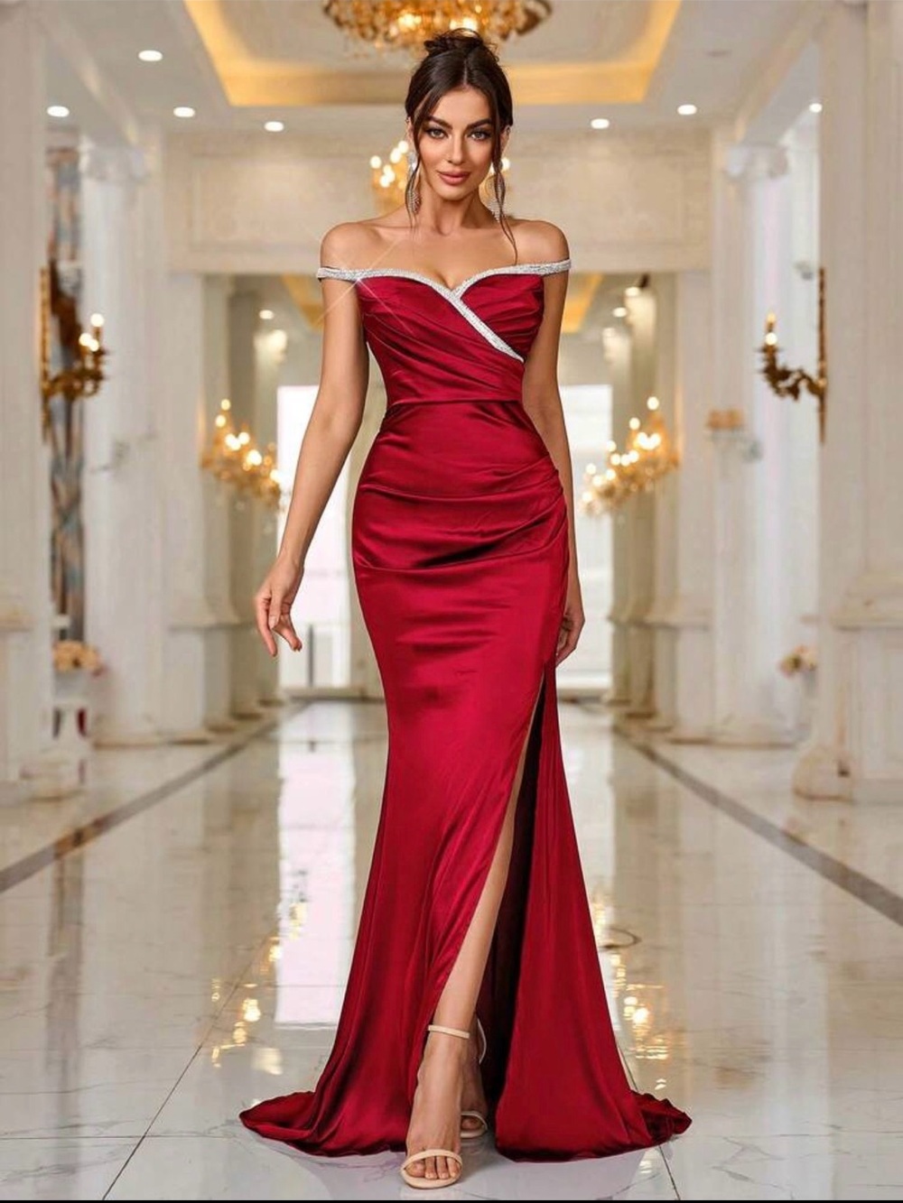 Off-Shoulder Red Satin Evening Gown with Side Slit